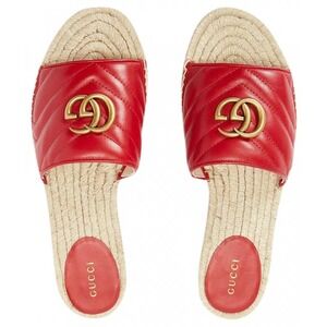 Gucci Nappa Matelasse GG Marmont Espadrille Slide Sandals Hibiscus Red 36 / US 6